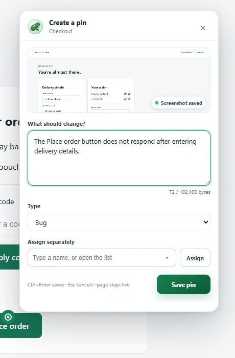 Create a pin with a description, type, assignment, and saved screenshot.
