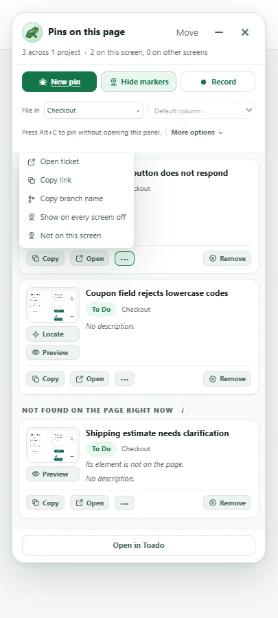 The pin actions menu with Show on every screen and Not on this screen.