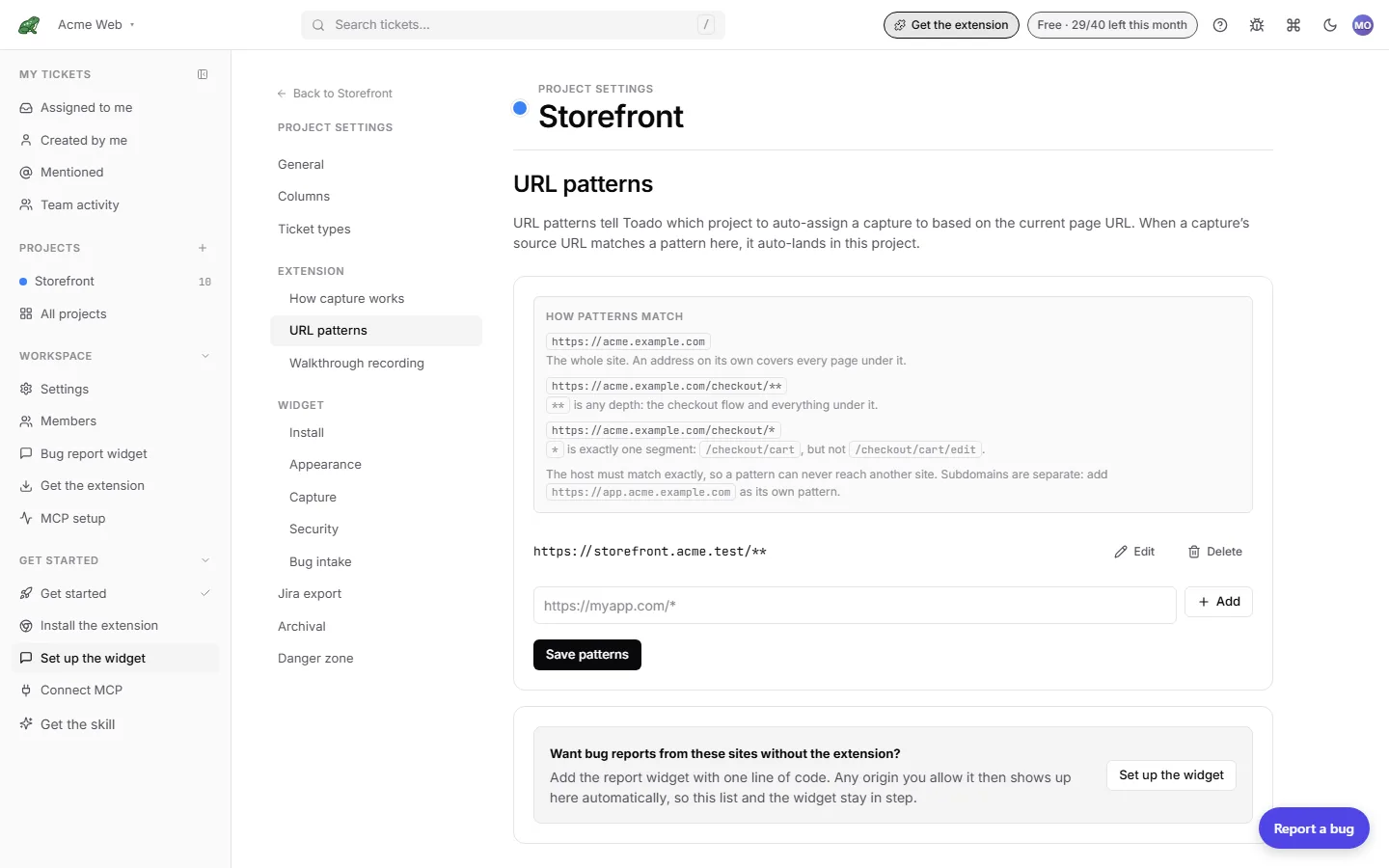 The URL patterns tab with one bare origin