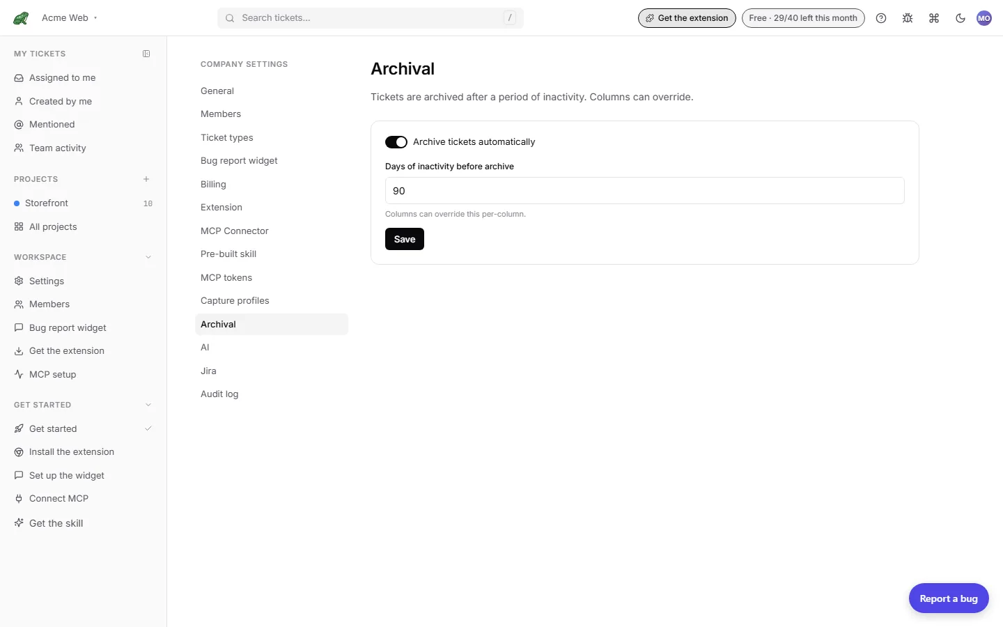 The company Archival settings tab