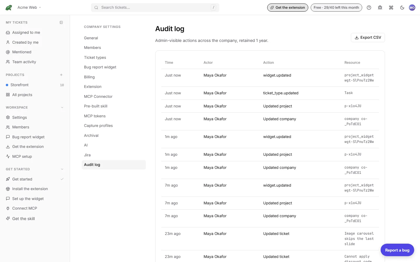 The Audit log tab with recent entries