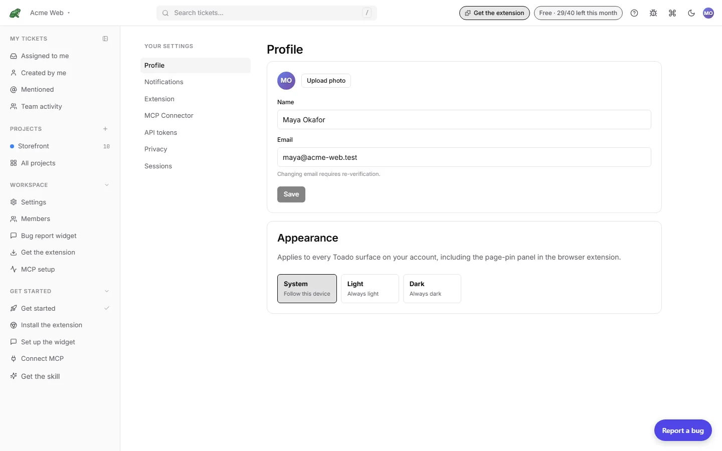The Appearance section on the Profile tab