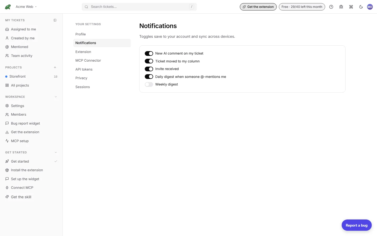 The Notifications tab with its five switches