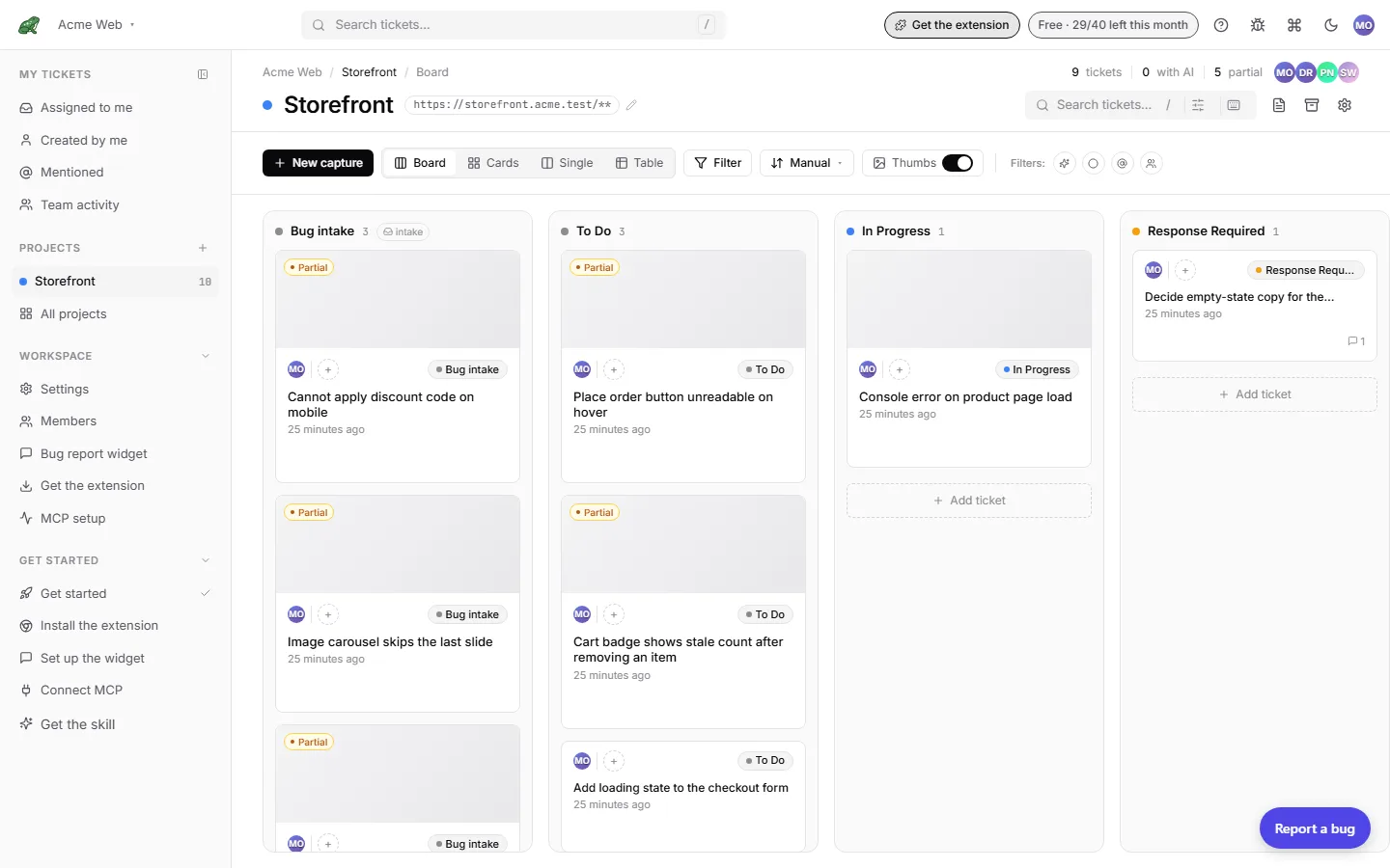 The kanban board with the five default columns and a Bug intake column on the left