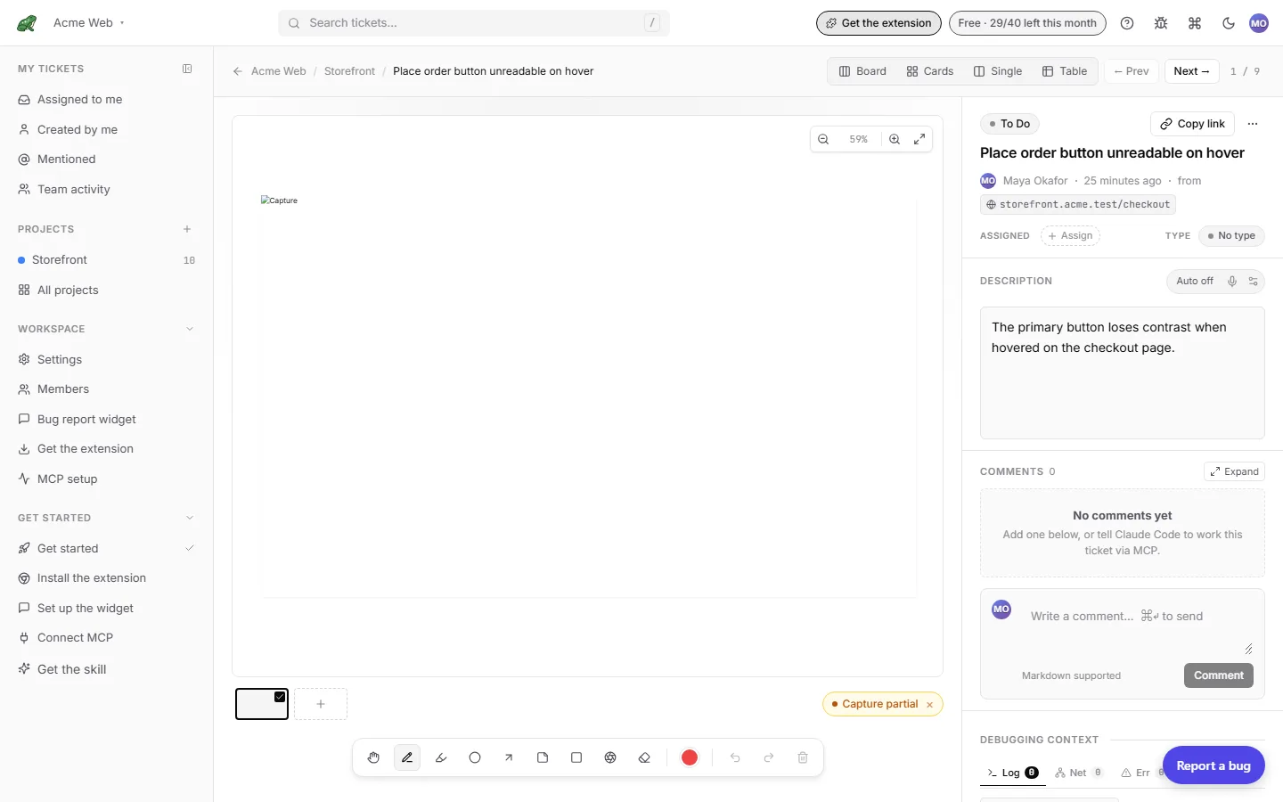 A ticket created from a page pin: the marker on the screenshot, the creator line with no source badge, and the DevTools tabs