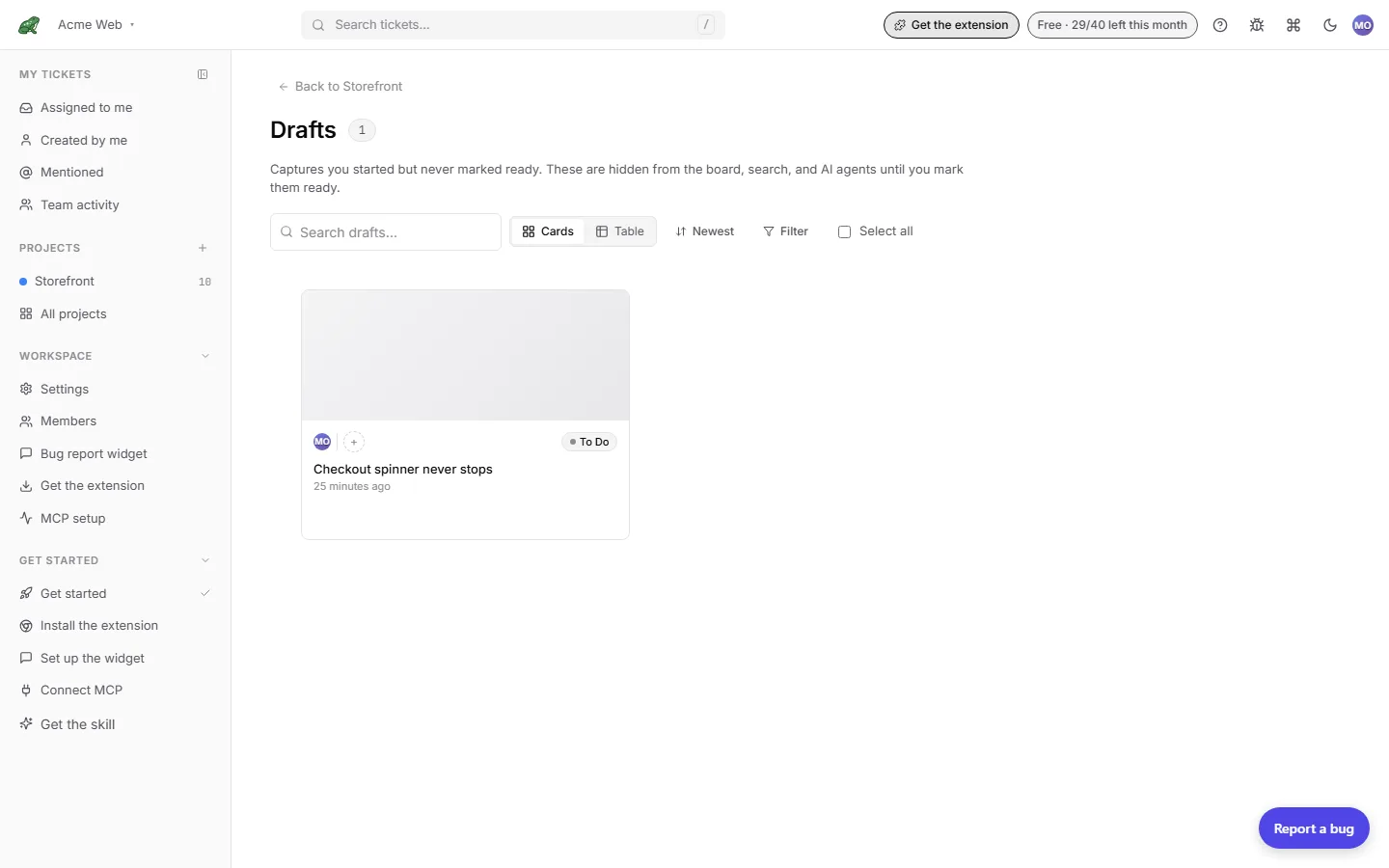 The Drafts page for a project, with Mark ready and Delete on a selection