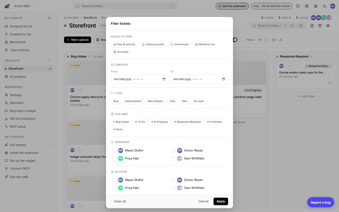 The board toolbar with the From customers quick filter active