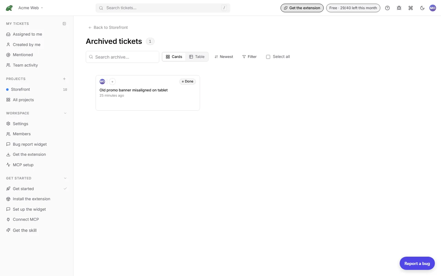 The Archived tickets page with a selection ready to restore