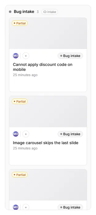 The Bug intake column on the board with several reports selected
