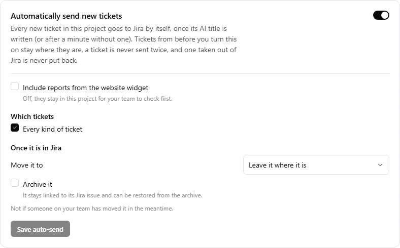Project Jira automatic sending options with ticket kinds and after-send controls.