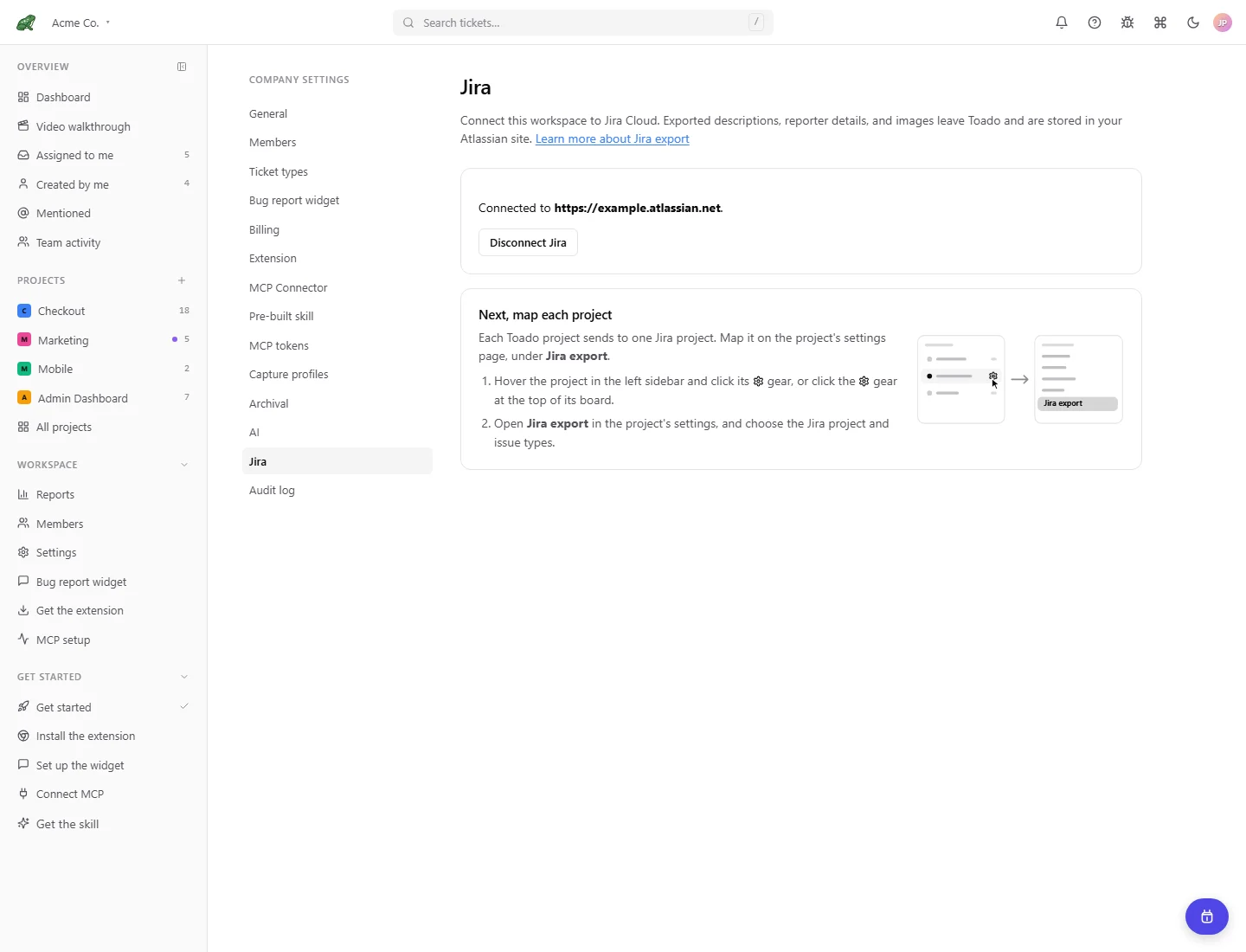 Connected Jira workspace showing the site and disconnect control.