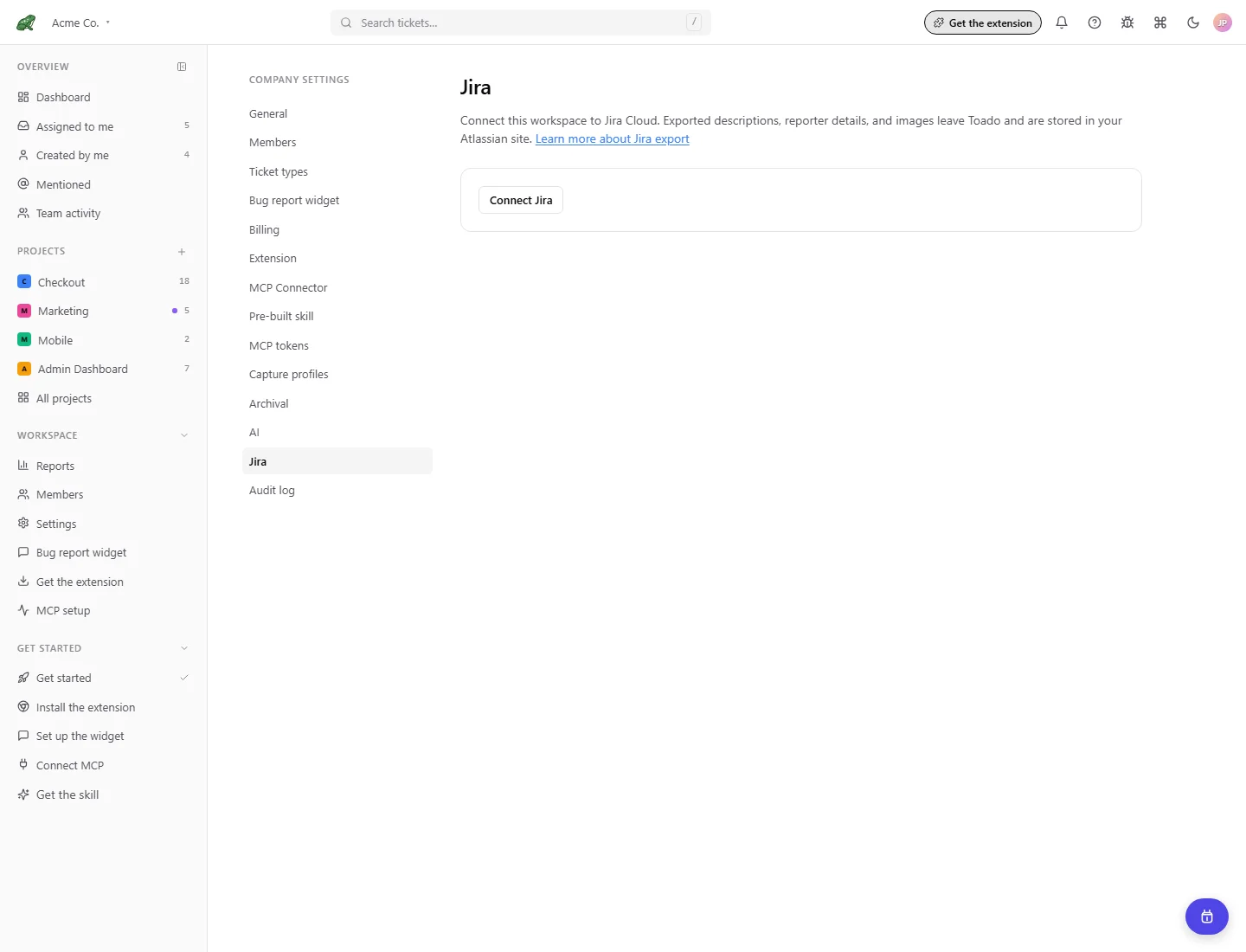 The Company settings Jira page, ready for a workspace owner to connect Jira Cloud.