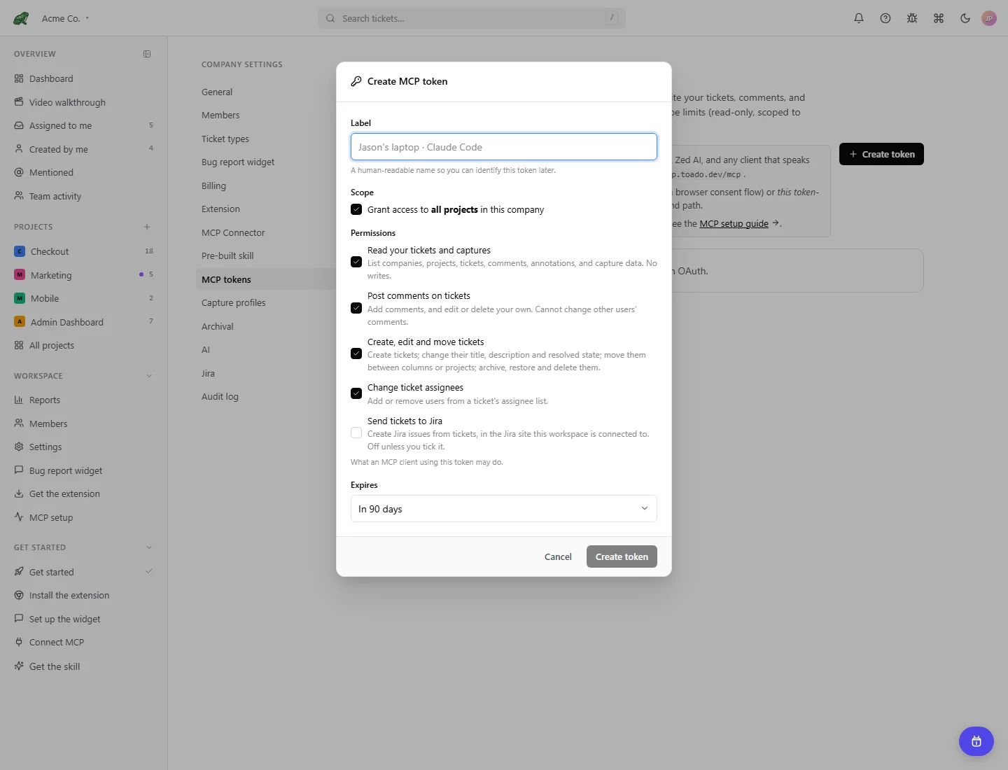 Create token dialog showing permission and project restriction controls before generating any secret.