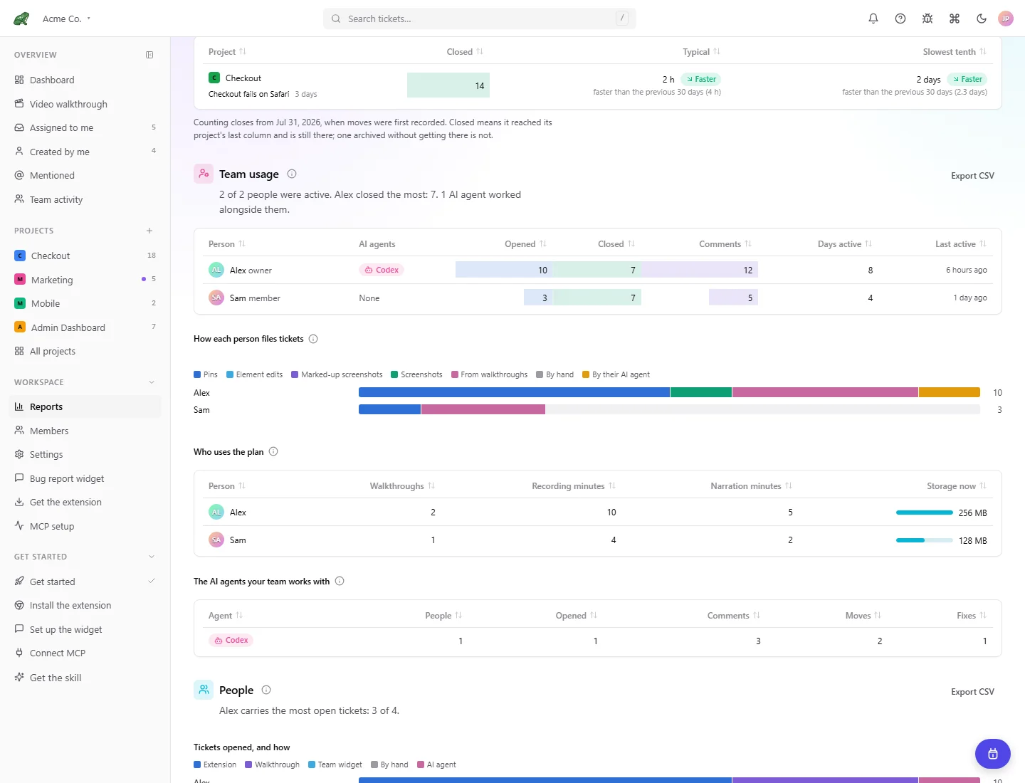 The owner-only Team usage report with people and AI agent activity.