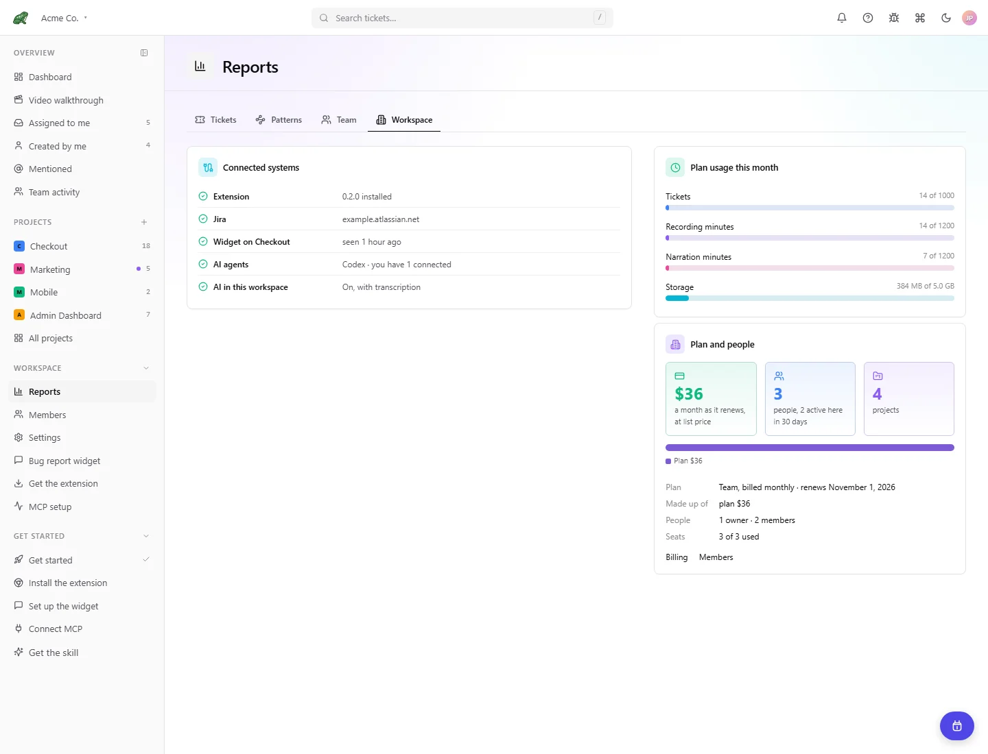 Workspace report with connected systems, plan usage, and people.