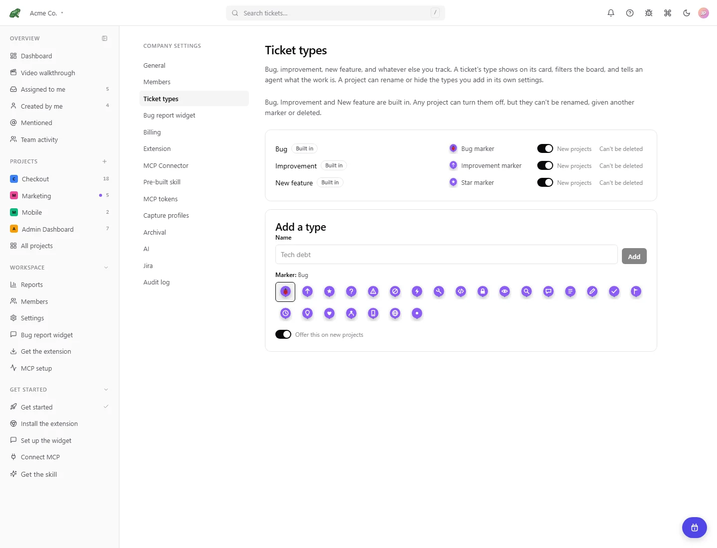 Workspace Ticket types settings with built-in types and project controls.