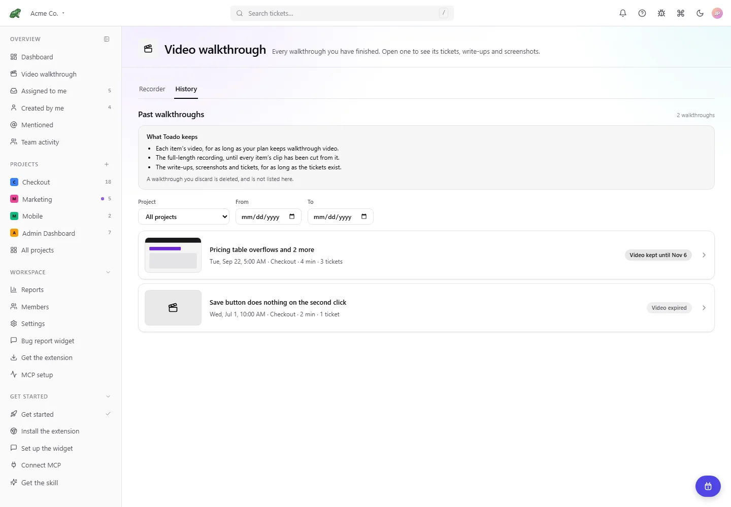 Walkthrough History with project and date filters and media status.