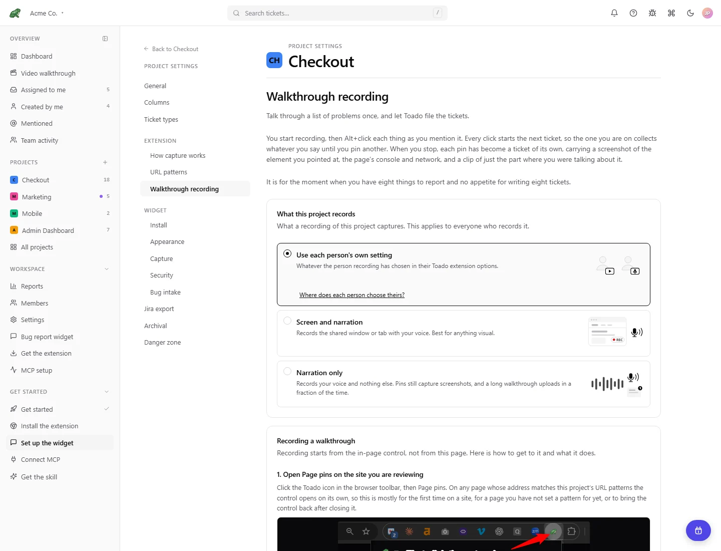 Project walkthrough recording settings with Use each person's own setting, Screen and narration, and Narration only.