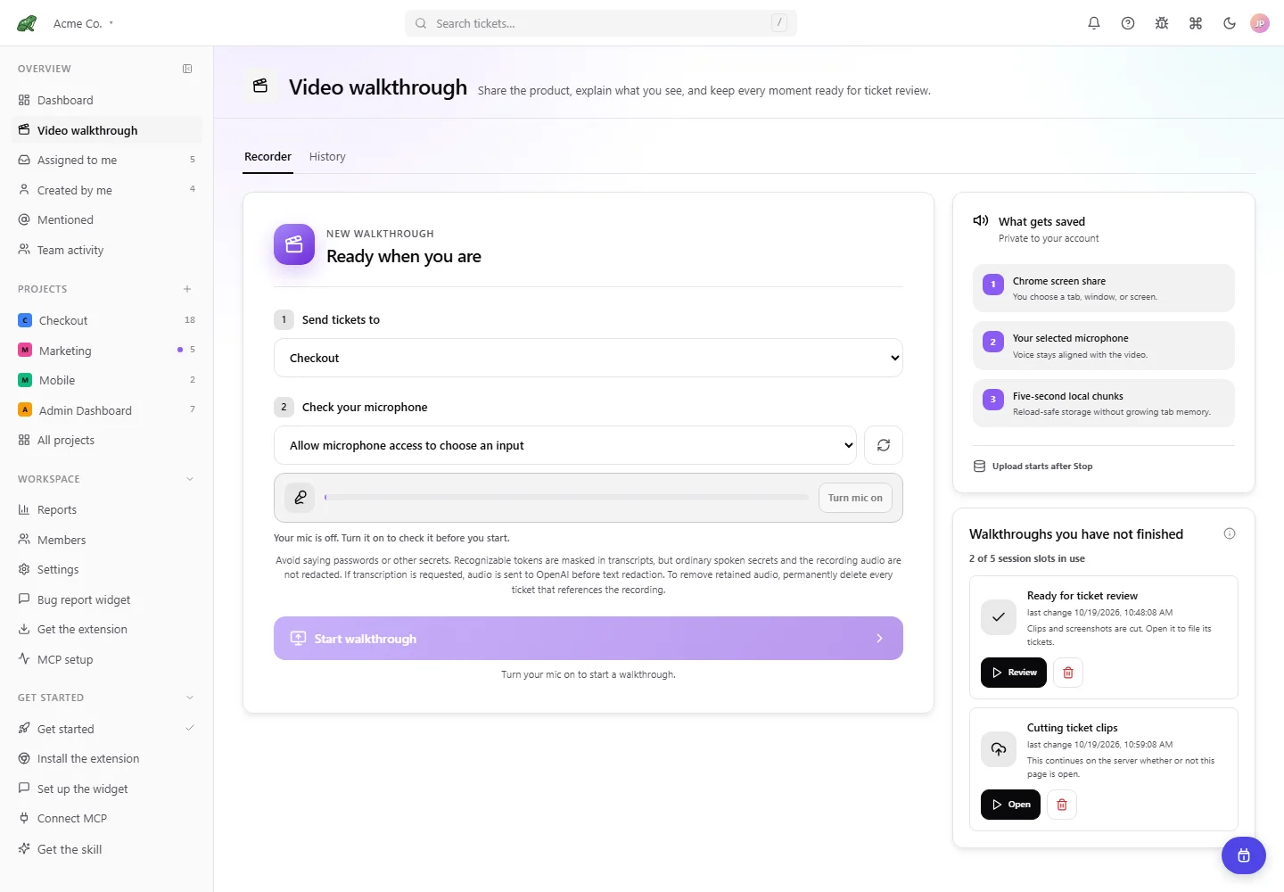 Video walkthrough Recorder page with the project and microphone setup.