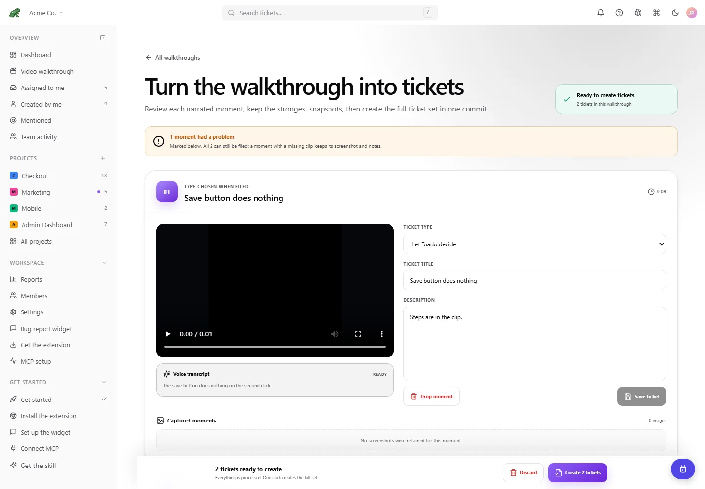 Walkthrough review showing temporary unfiled controls and clip processing status.
