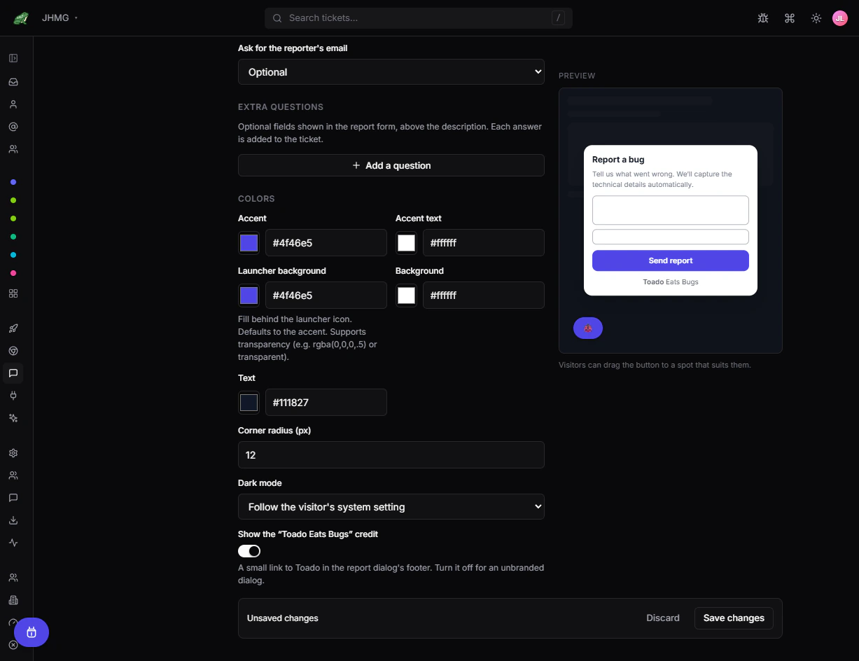 Widget Appearance controls for reporter email, custom questions, colors, dark mode, and attribution.