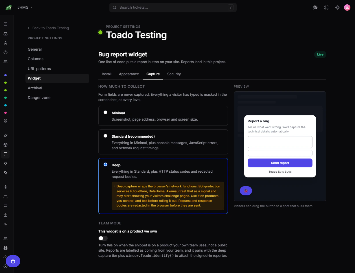 Deep capture selected with the prominent bot-protection compatibility warning.