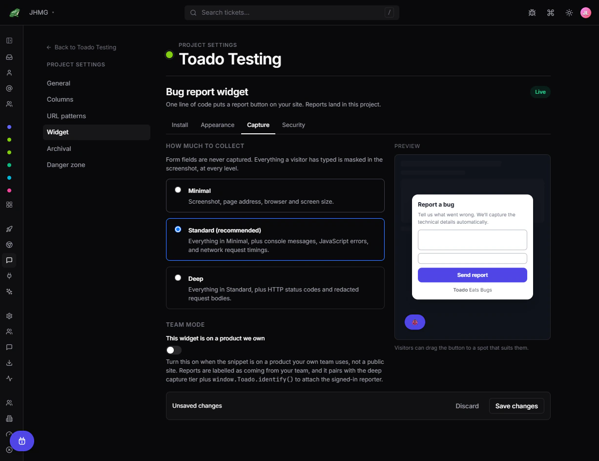 Standard capture selected with its included evidence and Team mode settings.