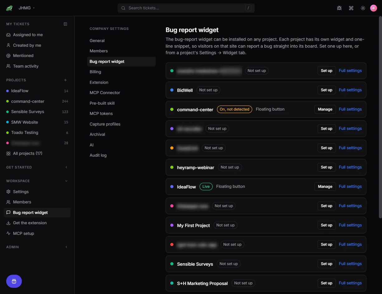 Company Settings overview listing project widget status and setup actions.