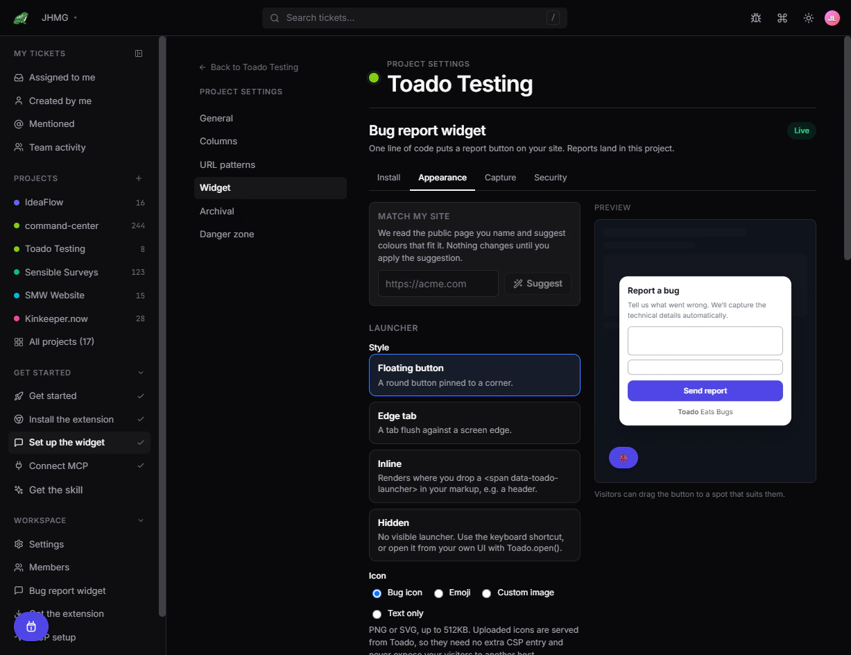 Floating button selected with a round launcher shown in the live preview.