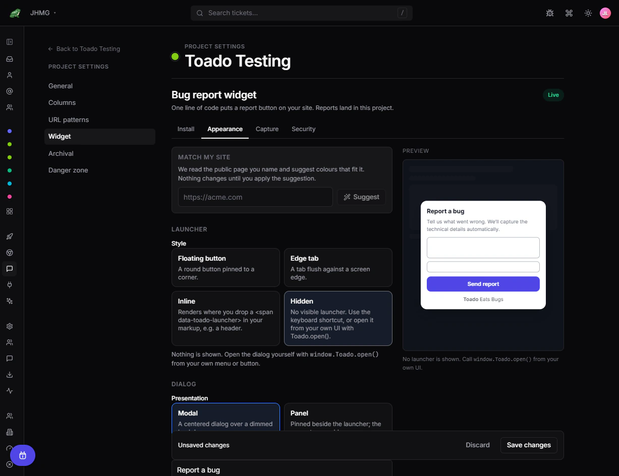 Hidden launcher selected with window.Toado.open guidance and no launcher in the preview.
