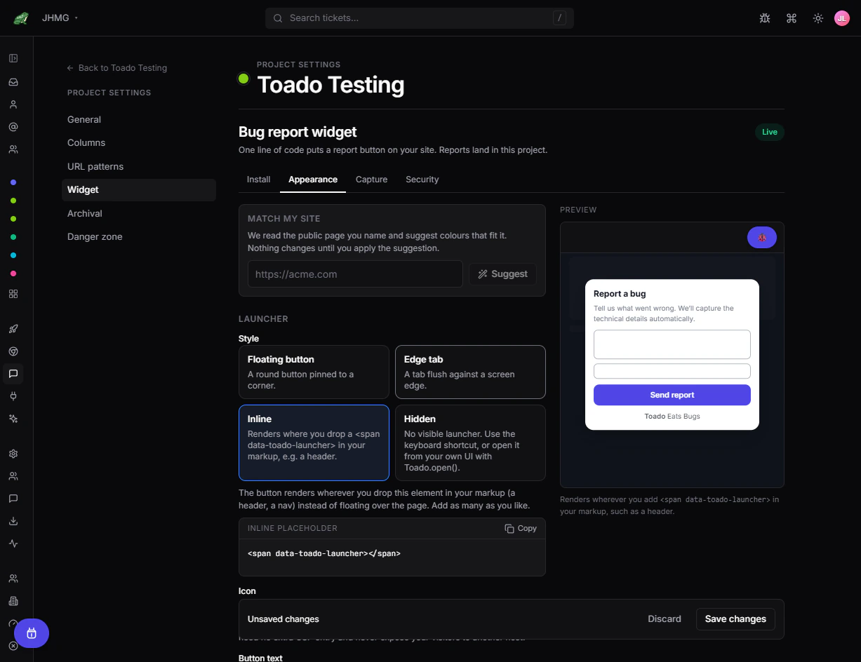 Inline launcher selected with its markup placeholder and preview guidance.