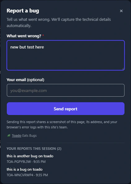A completed report form with one earlier report listed under Your reports this session.