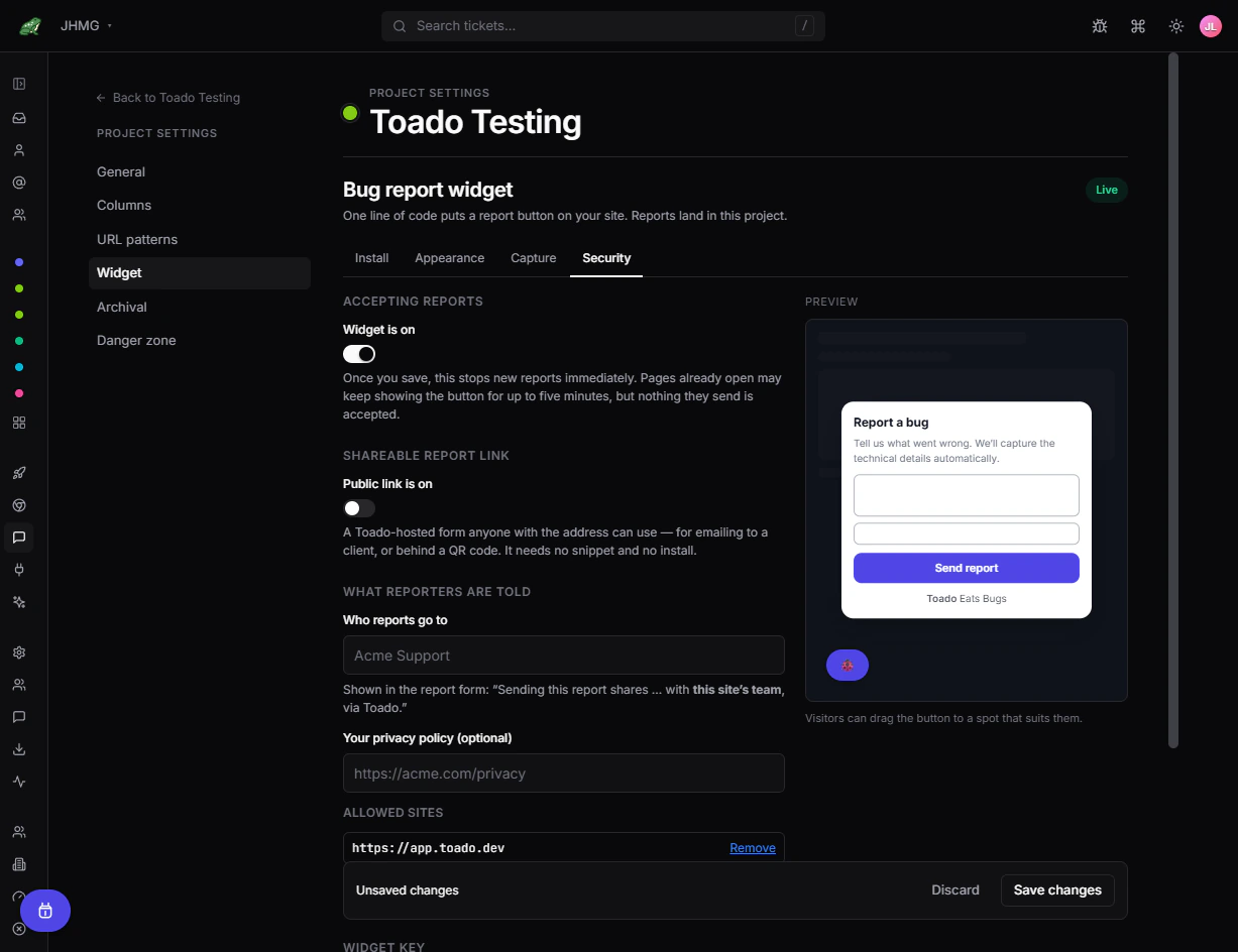 Widget Security section showing the off switch, public-link controls, privacy recipient, and policy URL.