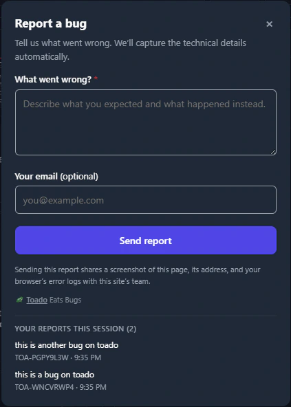 The reporter dialog listing two reports submitted during the current session.