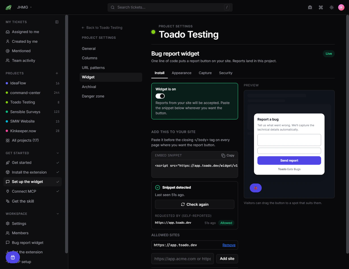 Widget Install section showing the enabled state, detected snippet, allowed Toado site origin, and live preview.